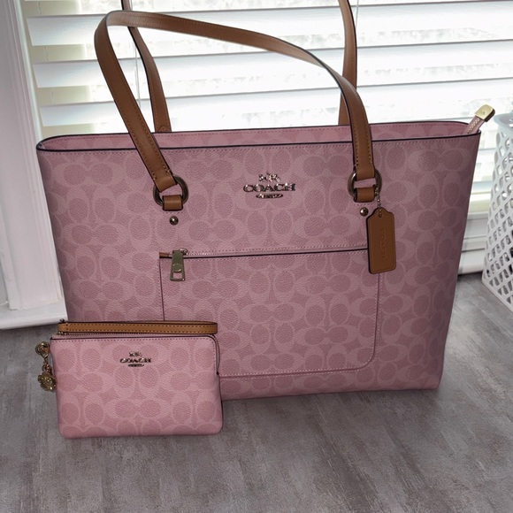 Coach Handbags - Coach Pink Signature Tote with Brown Trim and Matching Pouch